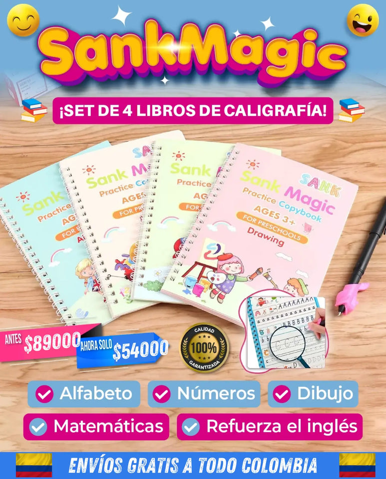 Set de 4 Libros Mágicos REUTILIZABLES + 1 Lapicero con 10 Repuestos